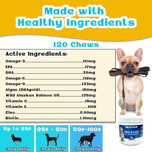 Heathlir Skin and Coat Supplement For Dogs With Salmon Oil, Biotin, Vitamin E, Omega 3